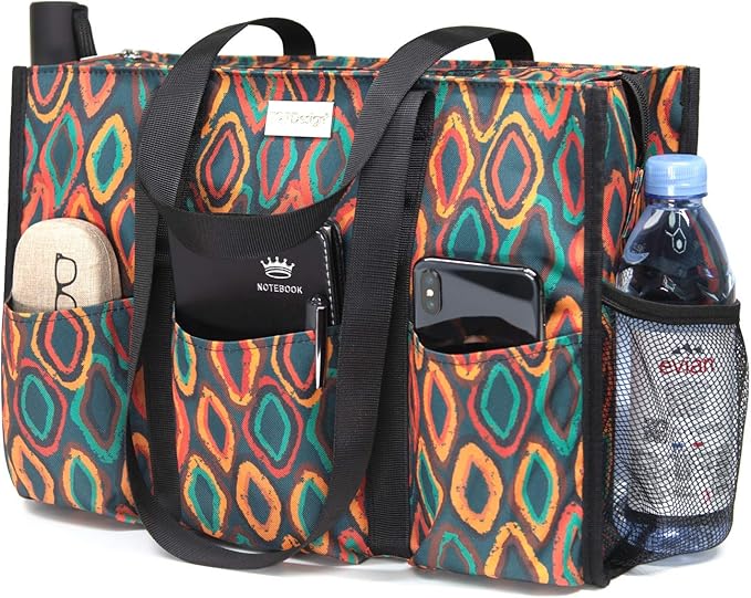 TOPDesign Utility Water Resistant Tote Bag with 13 Pockets, Top Zipper Closure & Thick Bottom Support, for Working Women