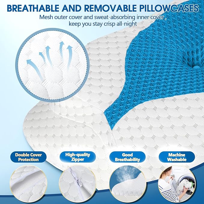 Memory Foam Pillows, Cervical Pillow for Neck and Shoulder Pain Relief, Ergonomic Contour Bed Pillow, Soft for Side Sleep Stomach Sleeping and Back Sleeper-Queen Size&Blue