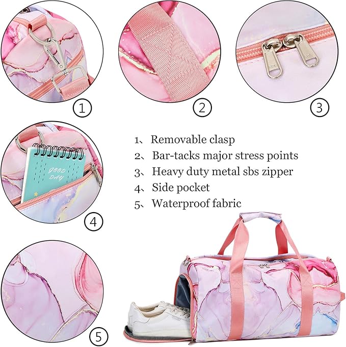 LOIDOU Dance Bag for Girls, Kids Duffle Bag with Shoe Compartment & Dry Wet Pocket, 20L Waterproof Gym Duffle Bags for Women, Ballet Competition & Weekender Overnight Travel Bag, Pink