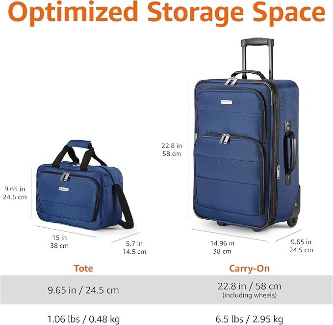 Amazon Basics Softside Luggage Set, 23-Inch Expandable Suitcase with Wheels and 15-Inch Tote, Extra Space (+15%), Front Pockets, Telescopic Handle, Navy Blue