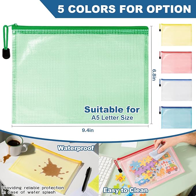 Mesh Zipper Pouch Bags - 5 Pack Waterproof Zipper Bags 6.8x9.4 Inch A5 Clear Mesh Storage Pouches Assorted Colors for Home, Office, School, Travel, Puzzles, Cosmetic, Accessories