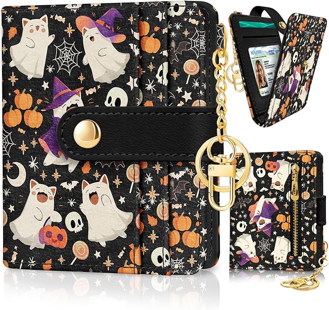 Jogjam Halloween Cute Cat Ghost Rfid Wallet, Small Spooky Bats Pumpkin Slim Thin Credit Card Women Wallet, PU Leather Bifold Cash Zipper Coin Pocket for Holiday Gifts