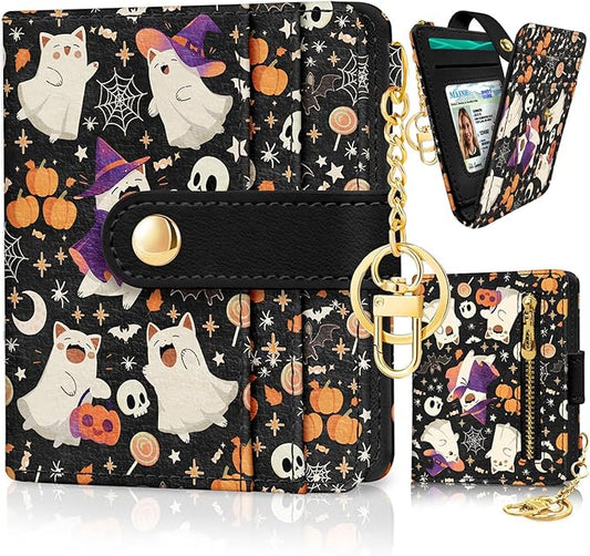 Jogjam Halloween Cute Cat Ghost Rfid Wallet, Small Spooky Bats Pumpkin Slim Thin Credit Card Women Wallet, PU Leather Bifold Cash Zipper Coin Pocket for Holiday Gifts