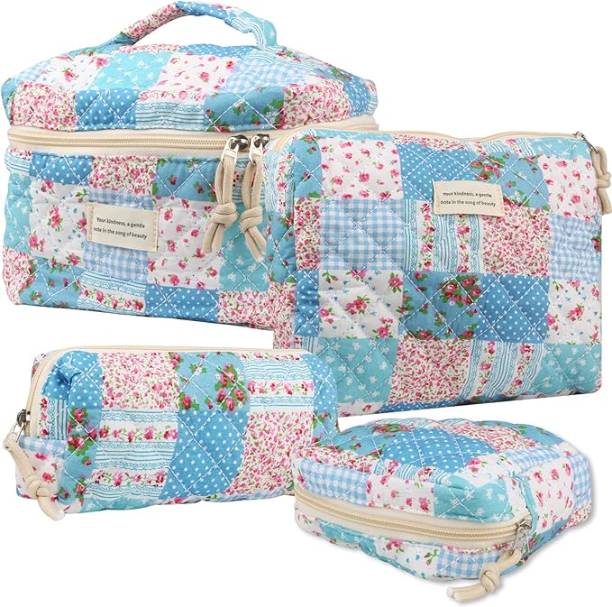 Cute Makeup Bag for Women(2 Pcs), Travel Cosmetic Bags, Quilted Coquette Aesthetic Floral Toiletry Organizer Bag (43 - Grid Rose/4PCS)