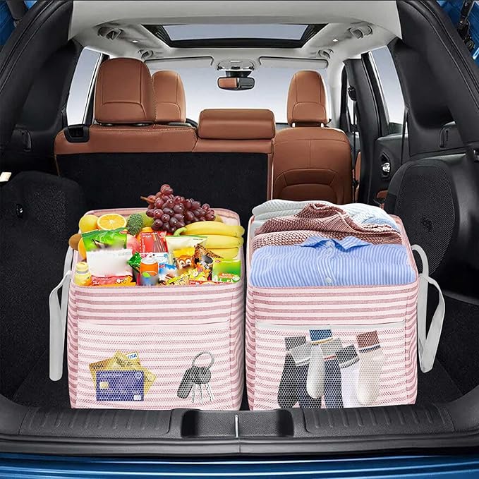 LHZK Standing Extra Large Utility Tote Bag with Metal Wire Frame and the Sides Rinforced, Extra Large Tote Bag with Handle, Reusable Grocery Bags Foldable, Beach Bag, Car Tote (Pink, 26''x15''x13'')
