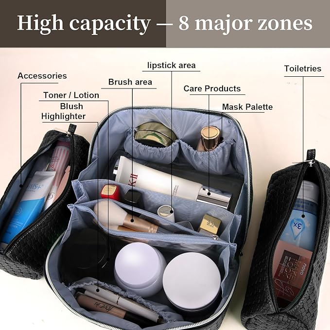BOYATU Travel Makeup Bag Cosmetic Bags for Women: Large Capacity 3 Pcs Set Make up Bag with Compartments - Waterproof Vegan Leather Toiletry Organizer Bags with Handle (L15 Black)