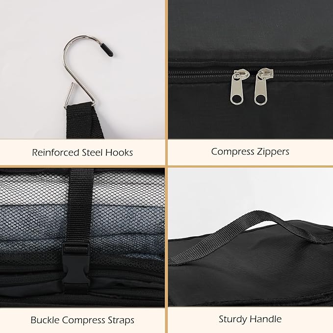 Surblue Hanging Shelves Travel Storage Bag Compression Packing Cube for Suitcase Collapsible with Extension Layer Large Capacity, Black,XL