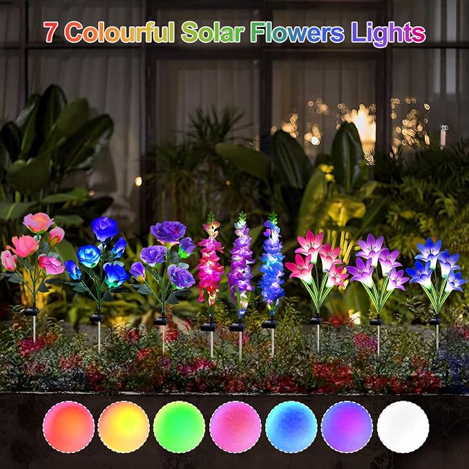MRHEPHAESTUS Solar Garden Lights, 6 Pack Solar Flowers Lights with Lily Rose Delphinium, Waterproof Gardening Gifts for Mom Grandma Women,Multi-Color Changing Outdoor Light for Garden Yard Patio Lawn