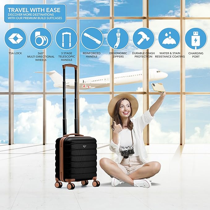 Flight Knight Carry On Suitcase 18x14x8 Hardside Built In TSA Lock USB Port Lightweight Luggage Silent Double Spinner Wheels Maximum Underseat Carry-On Bag For American United Approved Black/Tan