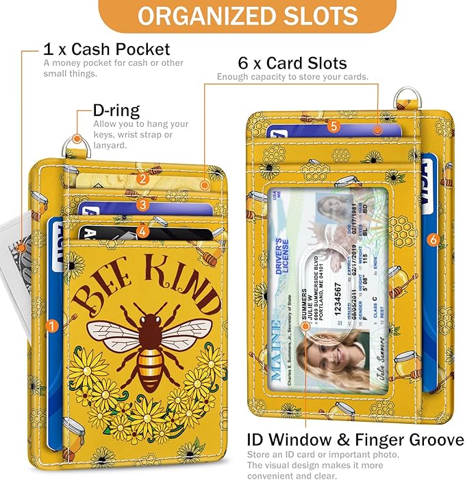Yonlevres Credit Card Holder Slim Wallet, Bee RFID Wallet Women Front Pocket Small Card Holder, Travel Cute Funny Thin Card Case ID Window PU Leather RFID Blocking Card Organizer Gifts Girls Ladies