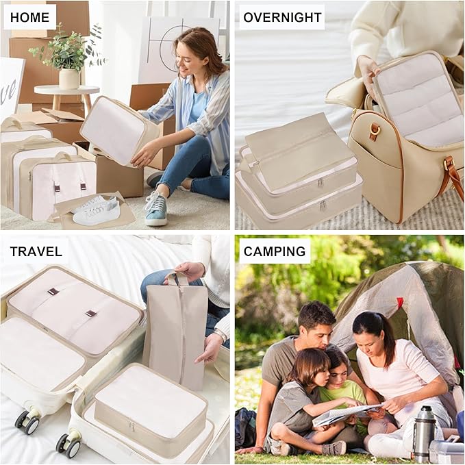 Packing Cubes, 7 Pcs Travel Packing Organizers for Suitcases, Large Capacity Travel Luggage Organizer Set includes 7 Storage Bags, Travel Essentials for Women or Men (Beige)