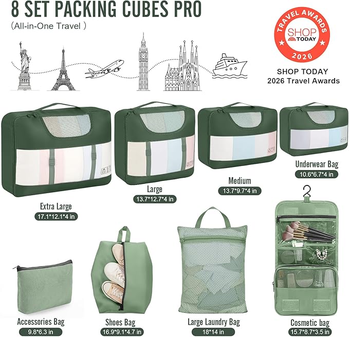Veken 8 Set Packing Cubes for Travel Essentials, Suitcase Organizer Bags in 4 Sizes, Carry-On Luggage Accessories with Large Laundry & Hanging Toiletry Bag, Must-Have for Airplane, Road Trip & Camping