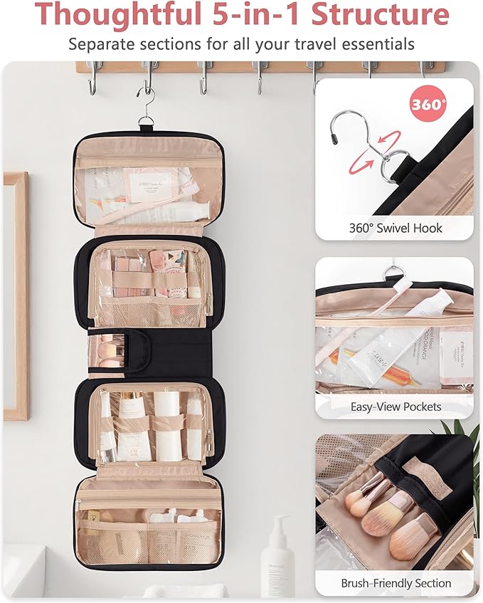 Travel Toiletry Bag for Women with Hanging Hook, Puffy Makeup Organizer with Brushes Slots for Bathroom, Shower and Beauty Essentials, Black