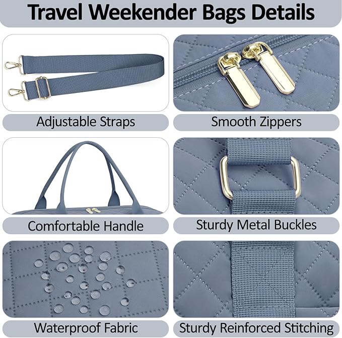 Quilted Travel Duffle Bag for Travel Women with Toiletry Bag, Large Weekender Bags for Women Carry on Duffel Overnight Bag, Waterproof Travel Tote Bags for Sports, Weekender, Business, Blue