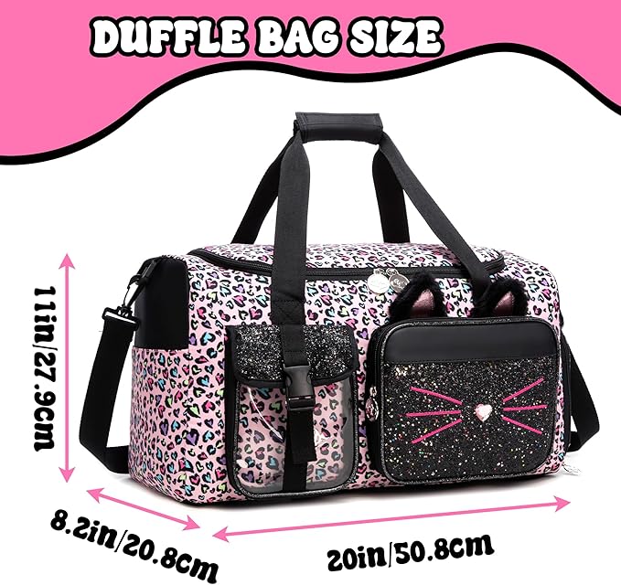 Kids Duffle Bag Girls Travel Bag Gifts for Girls Cat Gymnastics Dance Bags for Kids Overnight Sleepover Bags for Girl with Shoes Compartment