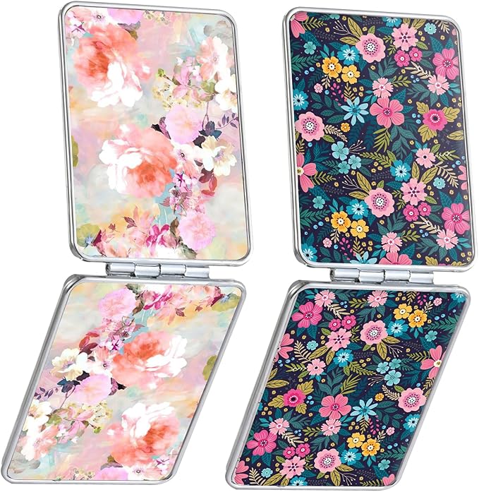 Pocket Mirror, Small Travel Mirror with Magnification, Portable Double-Sided Magnifying Cosmetic Mirror for Daily (2 Flowers)