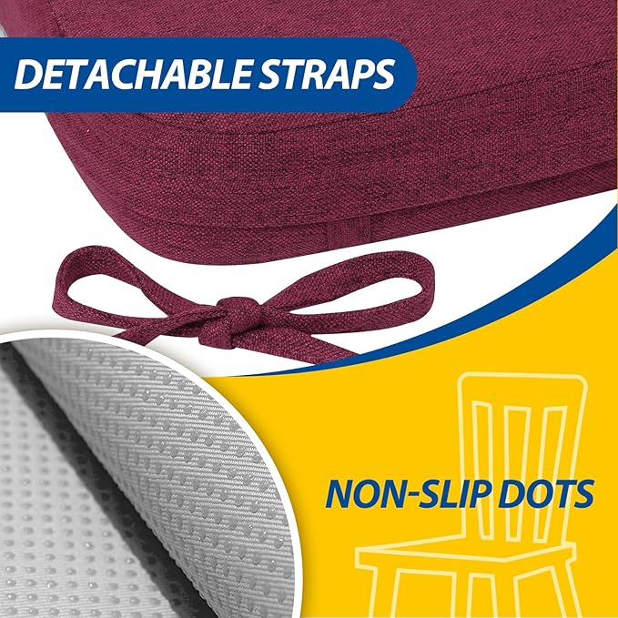 AAAAAcessories D-Shaped Chair Cushions, 2" Thick Dining Chair Pads with Ties and Removable, Machine-Washable Cover, 17" x 16", Set of 4, Wine Red