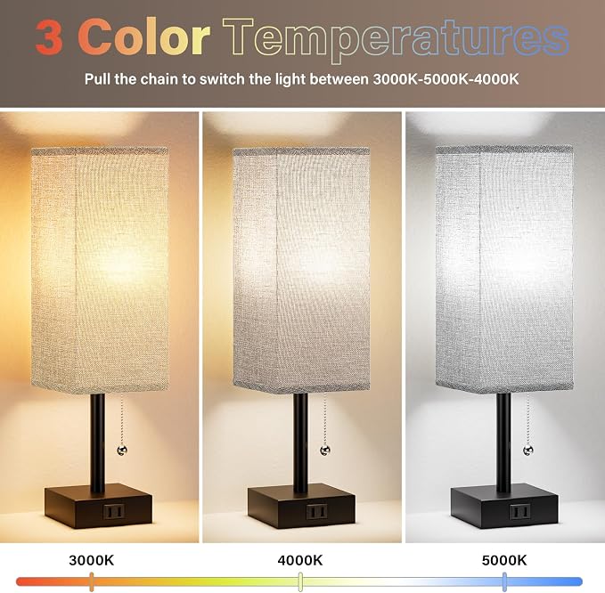 Bedside Lamp for Bedroom Set of 2 - Grey Table Lamp for Nightstand | AC Outlet, 3 Color Temperatures, LED Bulb Included, Pull Chain Design, 14" Rectangular Desk Lamp for Dorm/Office, 2-Pack