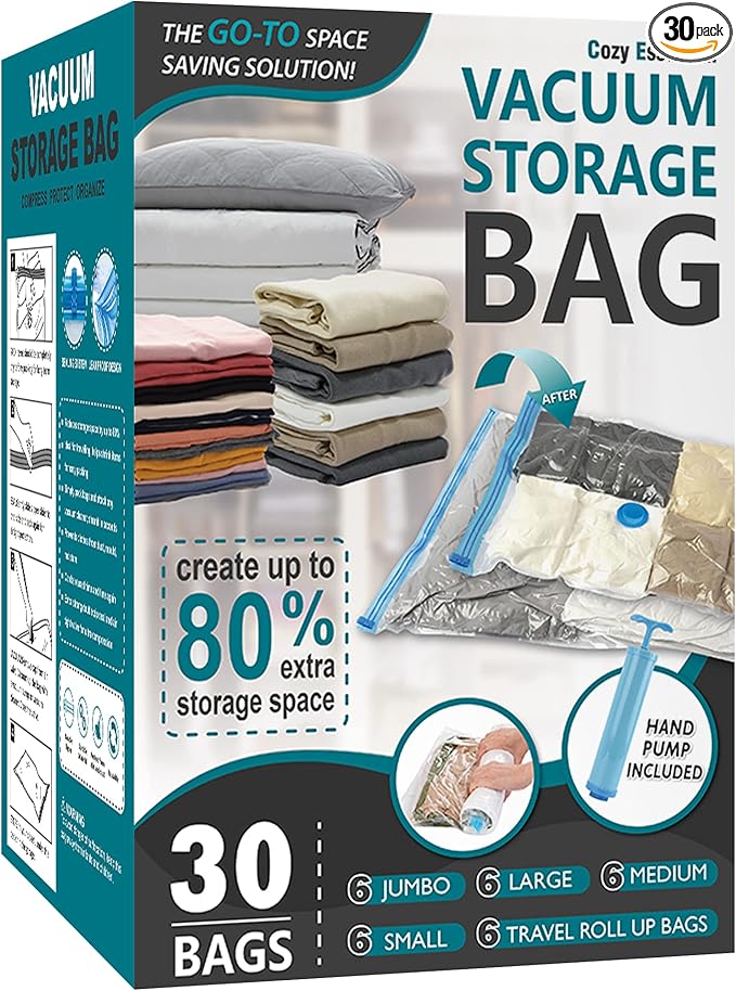 Cozy Essential Vacuum Storage Bags, 80% Compression Vacuum Seal Space Saver Plastic Packaging Bags for Clothes, Blankets, Pillow, Bedding, Comforters, Sealer Clothing Storage,30 Combo