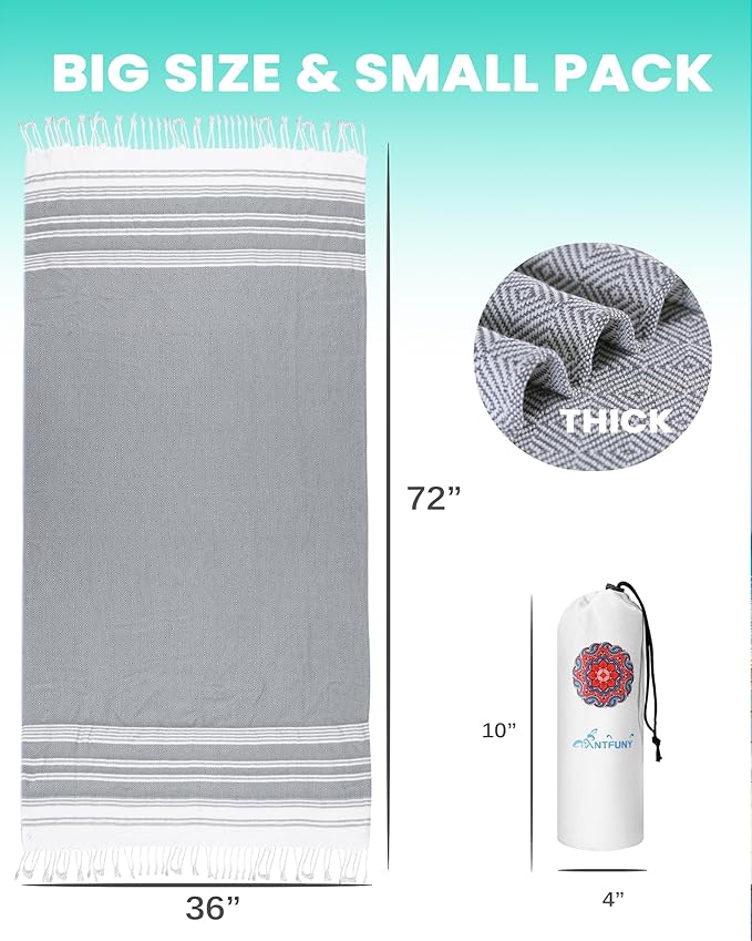 Antfuny Turkish Beach Towels Vacation Essentials Quick Dry Sand Free Oversized Bath Pool Swim Towel Extra Large XL Big Adult Travel Cruise Accessories Must Haves Clearance Stuff Necessities Gray