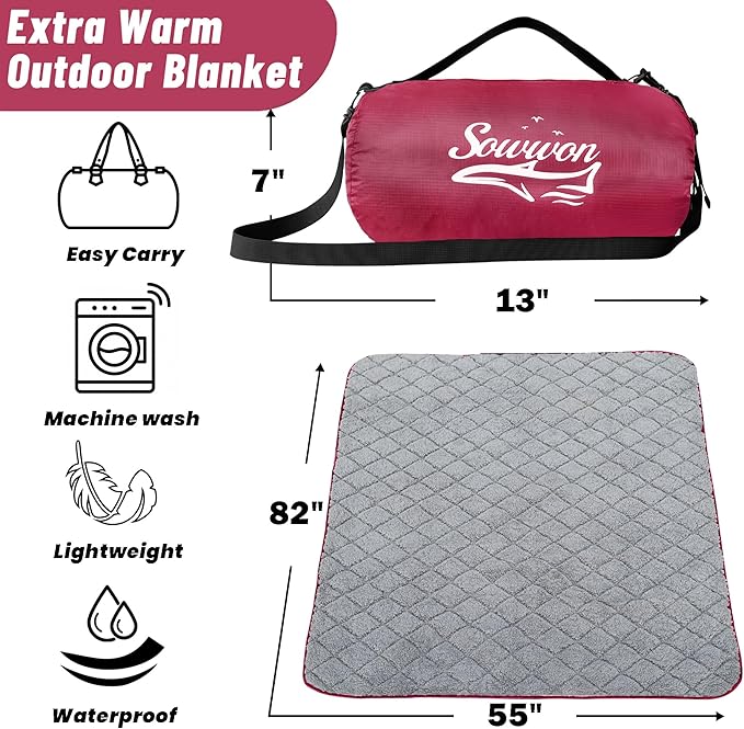 Waterproof Outdoor Blanket 82”X 55” Packable, Stadium Blankets for Camping with Sherpa Fleece Lining, Large Windproof Emergency Throw Mat for Garss Picnic Hiking Road Trip, Machine Washable, Wine