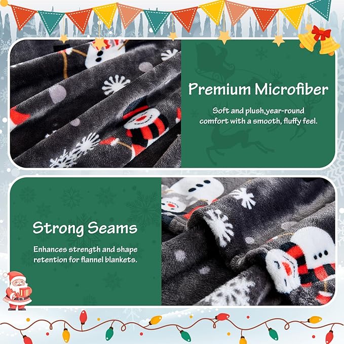 Grey Christmas Throw Blanket - Soft Warm Cozy Fleece Winter Throw, Holiday Blanket with Snowman & Snowflake Design, 60x80 Inches,Grey