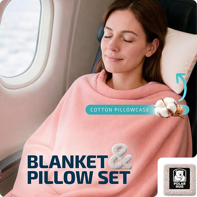 Travel Blanket and Pillow Set — Airplane Blanket with Inflatable Pillow and Cotton Case, Compact Travel Blanket with Back-Neck Snaps for Long Flights