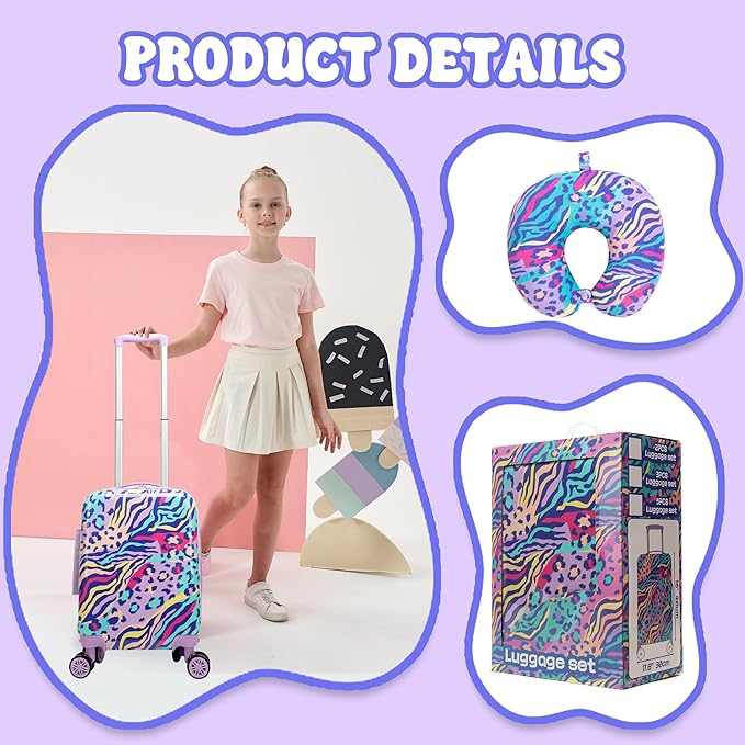 Kids Carry on Luggage Sets 2 Piece Rolling Suitcases for Girls Women with Wheels Suitcase with Travel Pillow Airplane Approved
