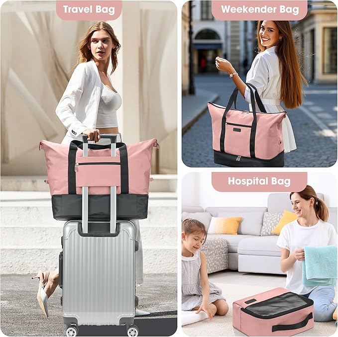 Oeihuivt Weekender Bags for Women - 21 Inch Large Travel Duffel Bag 2-Piece Set with Shoe Compartment, Heavy-Duty Canvas Leather Carry On Overnight Tote