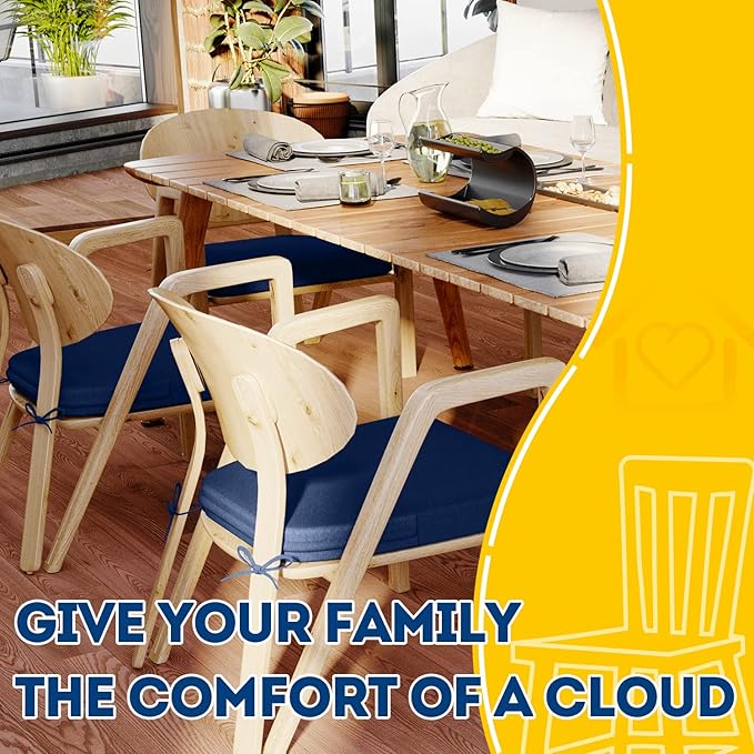 AAAAAcessories D-Shaped Chair Cushions, 2" Thick Dining Chair Pads with Ties and Removable, Machine-Washable Cover, 17" x 16", Set of 8, Blue