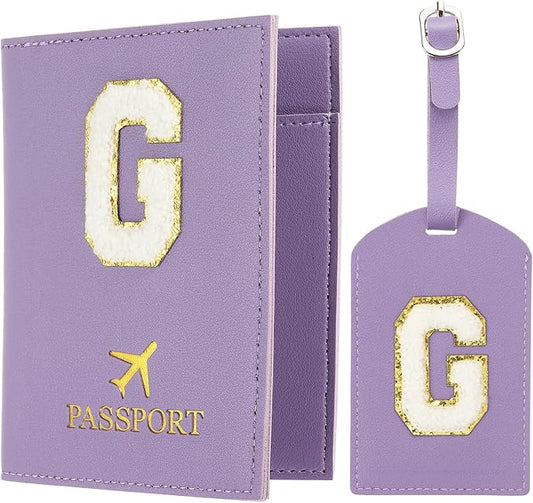 PATIKIL Passport Holder for Travel, Initial Passport Cover and Luggage Tag Set with Alphabet Chenille Letter Patch Travel Wallet Bag Suitcase Identifier for Women Family Travel Purple G