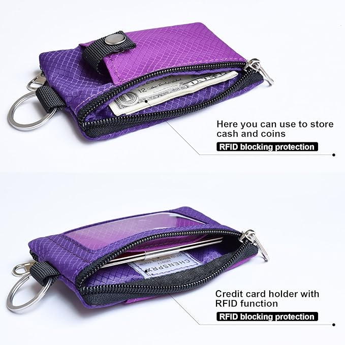CHENSPRX Minimalist RFID Blocking Small Wallet with ID Window,WaterResistant Zip Id Case Wallet with Lanyard Keychain for Cards,Cash,Travel,Women,Men
