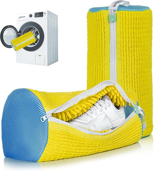 2Pcs Shoe Washing Machine Bag, Sneaker Laundry Bag for Washing Machine, Extra Long and Thick Microfibre Fluff, Reusable for Washer and Dryer (2 Pcs, Light Yellow Blue)