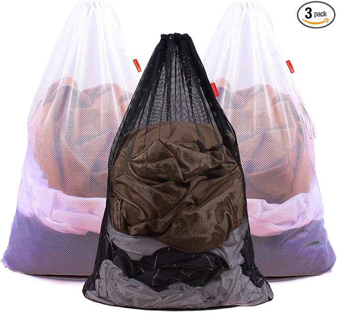 3 Pack Mesh Laundry Bags, 24 x 36 Inches Heavy Duty Drawstring Bag, Factories, College, Dorm, Travel and Apartment Dwellers, (2 White & 1 Black)