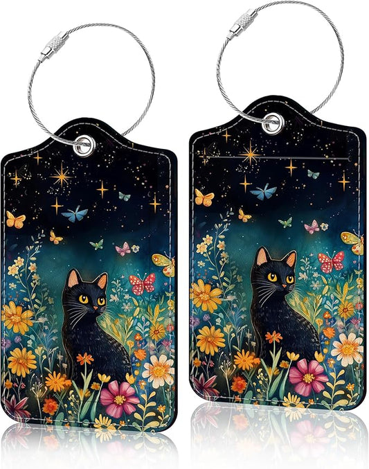 2 Pack Luggage Tag for Suitcase, Cute Unique Leather Suitcase Tags Identifiers with Privacy Name Address Labels & Durable Steel Loop for Women Men Travel