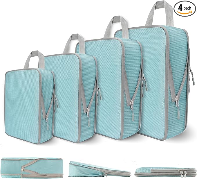 Compression Packing Cubes for Travel, 4 Set Expandable Packing Organizers, Lightweight Luggage Organizer Bags, Travel Essentials for Carry on, Handy Helper for Organizing Clothes, Blue