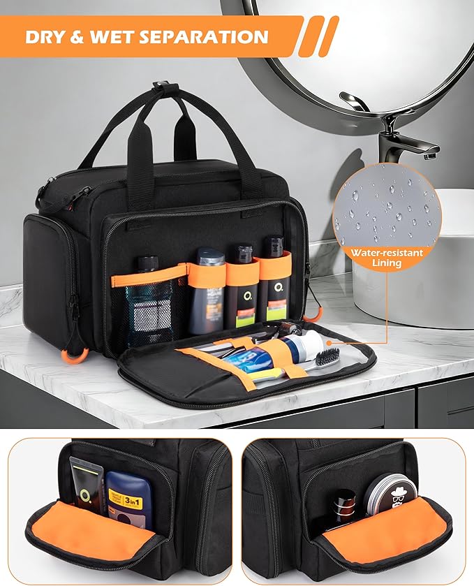 Tactical Travel Toiletry Bag for Men, Extra Large Dopp Kit Organizer with Dual Way Zippers, Travel Hygiene Bag for Shaving Grooming Bathroom Essentials, Black (Empty Bag)