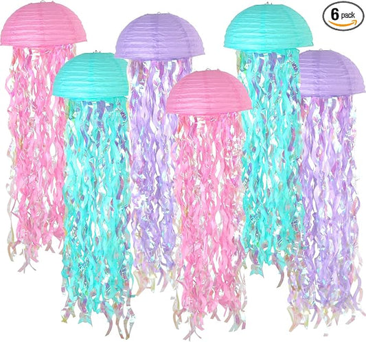 6-Pack Jellyfish Paper Lanterns, Mermaid Birthday Party Decorations | 10-Inch Pink, Blue & Purple Hanging Lamps for Under the Sea, Baby Shower, Pool Events, Kids Rooms, Classroom & Ocean Decor
