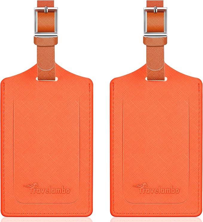 Travelambo Luggage Tags for Suitcases Faux Leather Privacy Protection 2 Pack Bag Tags Travel Accessories Essential, Cross Orange