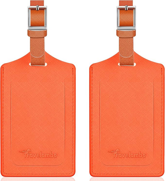 Travelambo Luggage Tags for Suitcases Faux Leather Privacy Protection 2 Pack Bag Tags Travel Accessories Essential, Cross Orange