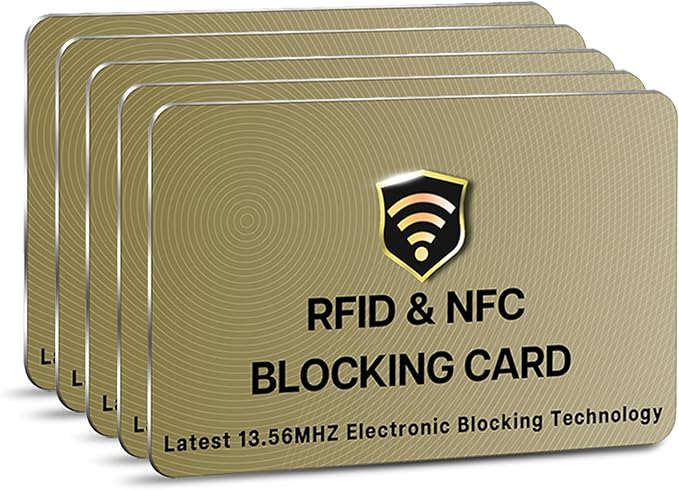 SaiTech IT RFID Blocking Card, 5 Pack One Card Protects Entire Wallet Purse For Men & Women, NFC Contactless Bank Debit Credit Cards Protector ID ATM Guard Card – Golden