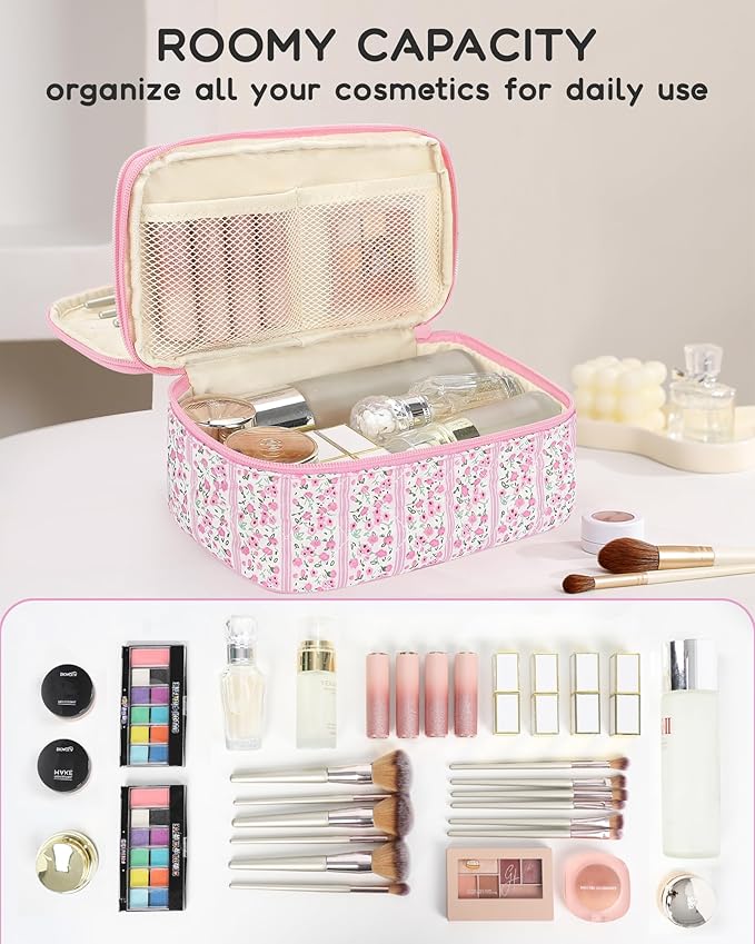 Relavel Cute Makeup Bag for Girls, Portable Pink Cosmetic Bag, Dual-layer Makeup Pouch with Brush Holder, Multi-Functional Preppy Toiletry Organizer for Travel, Daily Use - Pink Flower