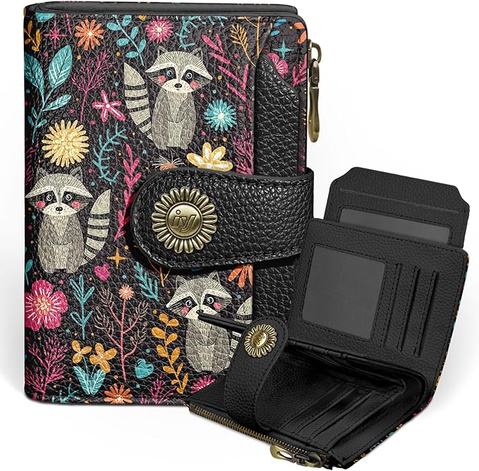 Icycay Raccoon Small Wallet Women RFID Blocking Bifold, Cute Credit Card Holder, Zipper Coin Pocket, PU Leather, Compact, Travel, 4 ID Window, 14 Card Slots, Cash Purse, Ladies Woman Female Girls