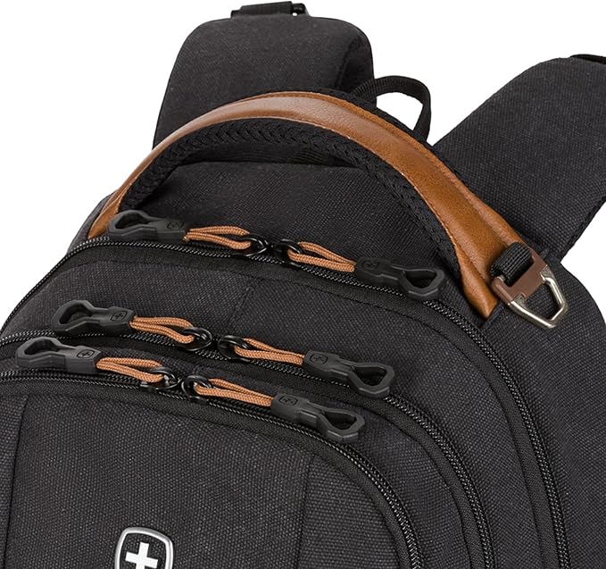 SWISSGEAR Cecil 18-Inch Laptop Backpack Fits 16-Inch Laptop, Travel Daypack with Organizer Pockets, Water Bottle Holders & Padded Straps – Black Canvas/Brown