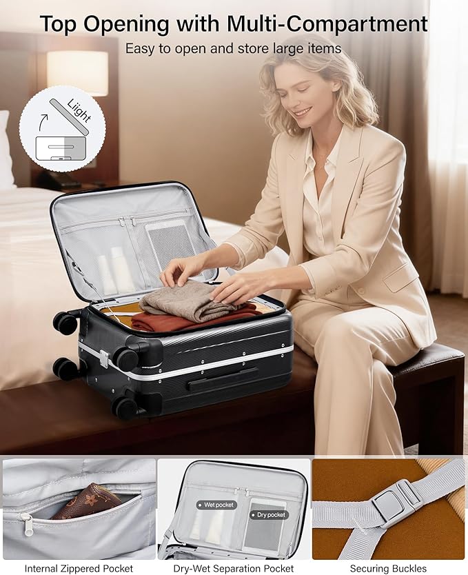 Hanke 24 Inch Checked Luggage PC Hard Shell Suitcases for Travel Front Opening Aluminum Frame Travel Luggage Rolling Suitcase with Wheels.(Jet Black)