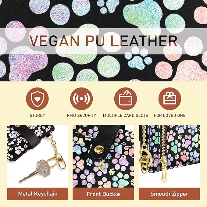 Jogjam Dog Paw Rfid Women Wallet, Small Slim Thin Credit Card Wallet, PU Leather Bifold Cash Zipper Coin Pocket ID Window for Female Ladies Teen Girls Girly
