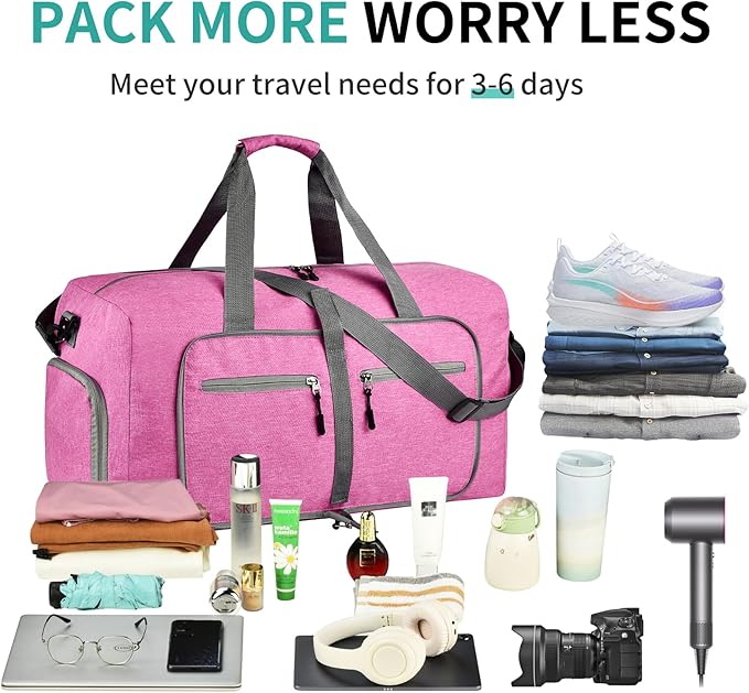 Dimayar 65L Travel Duffle Bag for Men Women - Foldable Duffel Bag with Shoes Compartment - Overnight Bags Waterproof & Tear Resistant(Rouge Pink)
