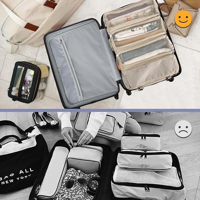 Surblue Travel Hanging Luggage Organizer Portable Suitcase Closet Organizer Multiple Compartments Collapsible Compression Packing Cubes Shelf, Beige, M