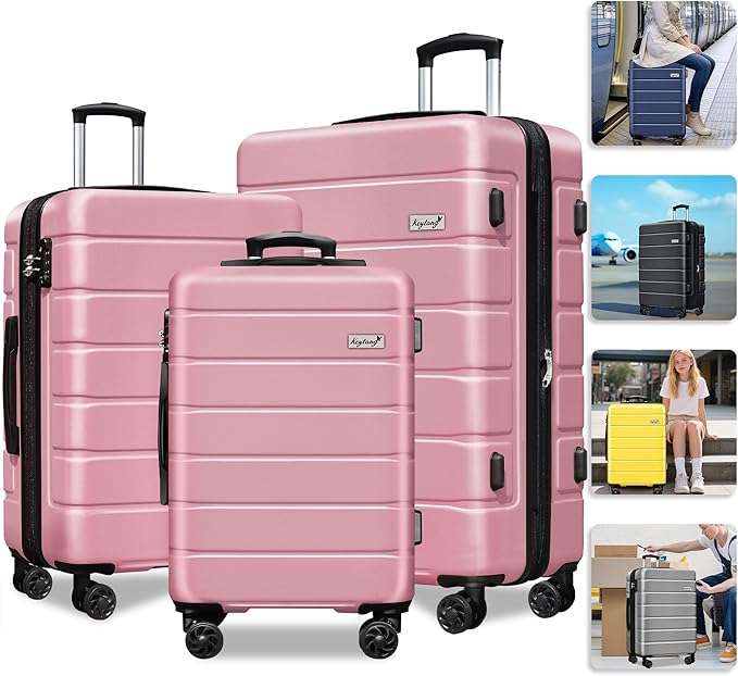 Explorer Lightweight Hardshell 20% Expandable 3-Piece Luggage Set with TSA Lock, Double Spinner Wheels, and Carry-On Suitcase,Pink