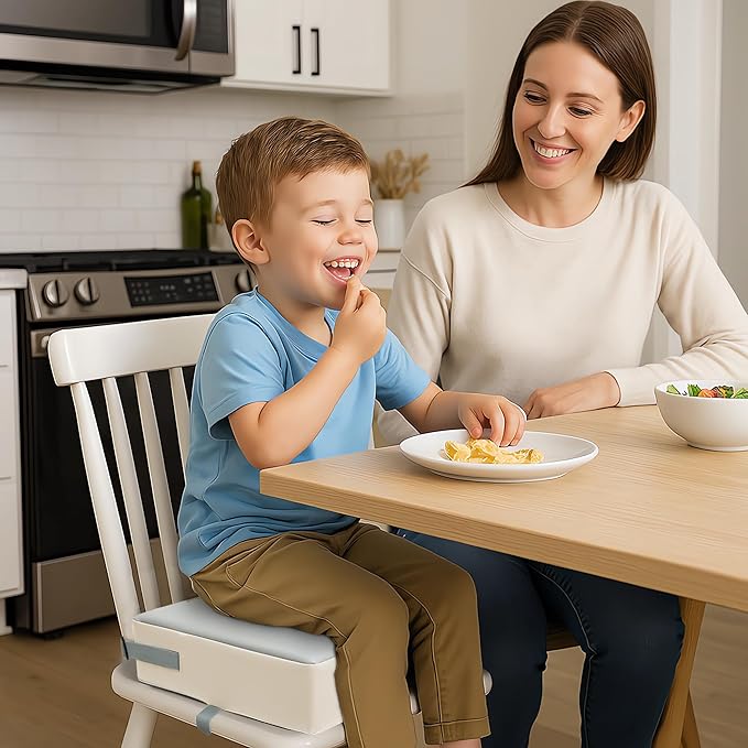 Toddler Booster Seat Dining Table Kitchen Chair, Waterproof Anti-Scratch PU Cushion, Non-Slip Bottom, Adjustable Buckle Straps, Easy Clean Portable Seat Cushion (Grey+White)
